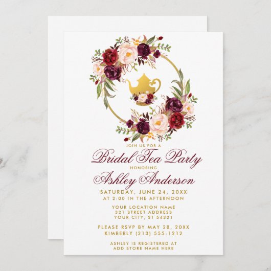 Burgundy Brautparty Tea Party Einladung WB (Vorne/Hinten)