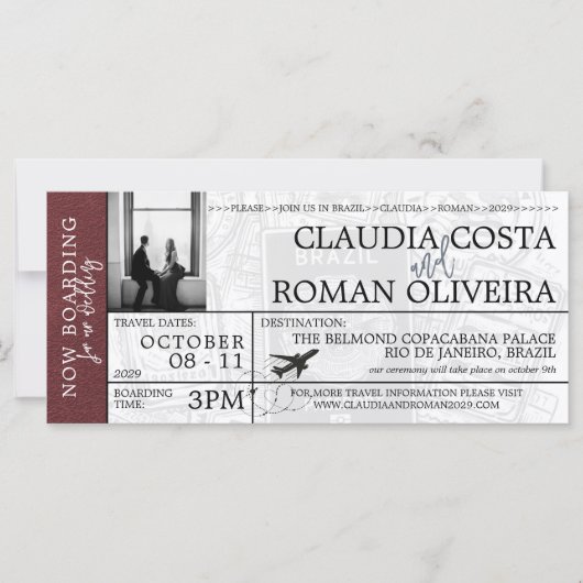 Burgundy Brazil Wedding Boarding Pass Einladung (Vorderseite)