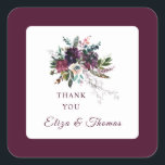 Burgundy Bridal Bouquet Wedding Thank You Quadratischer Aufkleber<br><div class="desc">Watercolor greenery and florals in beautiful hues of marsala burgundy,  deep purple,  pink and teal,  set over a white canvas,  and finished with elegant matching calligraphy script. The result is a lovely burgundy floral wedding suite appropriate for both casual and more formal wedding motifs.</div>