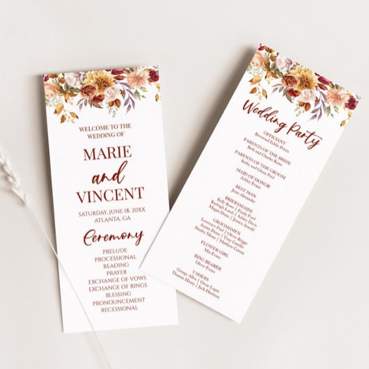 Burgundy Brown Beige Floral Flowers Wedding Programm