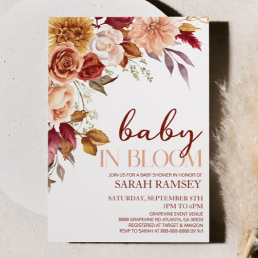 Burgundy Brown Floral Baby in Bloom Baby Dusche Einladung
