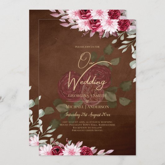 Burgundy Brown Floral Winter Hochzeit im Herbst ei Einladung (Vorne/Hinten)