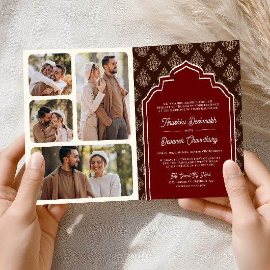 Burgundy Brown Ikat Foto Collage Indian Wedding Einladung