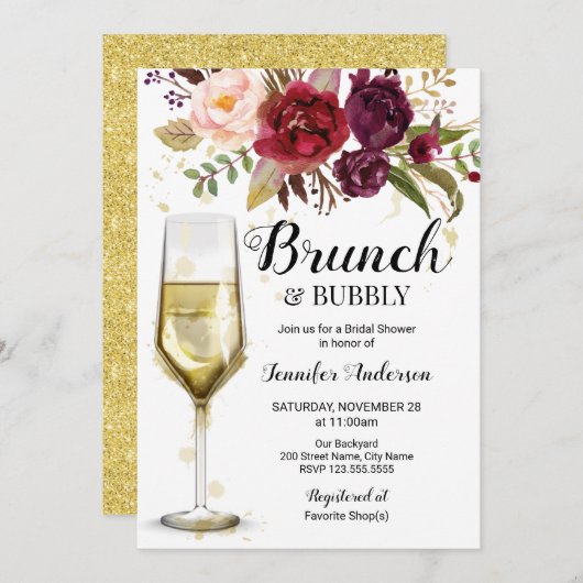 Burgundy Brunch & Bubbly Bridal Dusche Einladung (Vorne/Hinten)