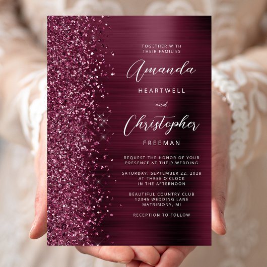 Burgundy Brushed Metal Glitzer Script Wedding Einladung