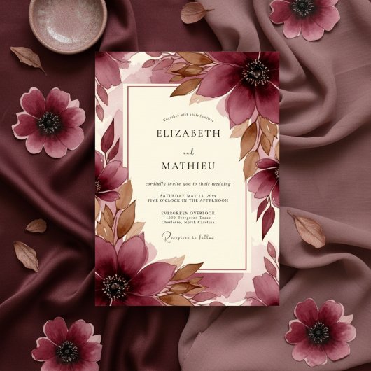 Burgundy Brushstroke Bloom Wedding Einladung