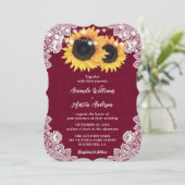 Burgundy Burlap Floral Lace Sonnenblume Hochzeit Einladung (Stehend Vorderseite)