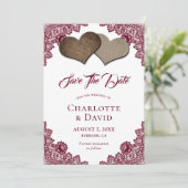 Burgundy Burlap Lace Wedding Save the Date Card (Stehend Vorderseite)