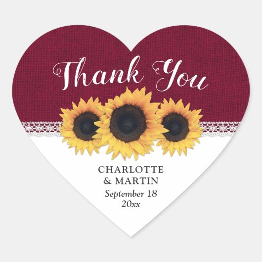Burgundy Burlap Sunflower Wedding Thank You Herz-Aufkleber (Vorderseite)