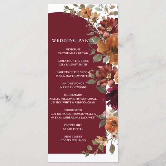 Burgundy Burnt Orange Arch Wedding Programm (Rückseite)