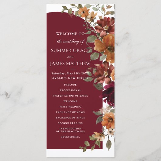 Burgundy Burnt Orange Arch Wedding Programm (Vorderseite)