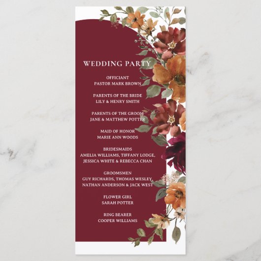 Burgundy Burnt Orange Arch Wedding Programm (Rückseite)