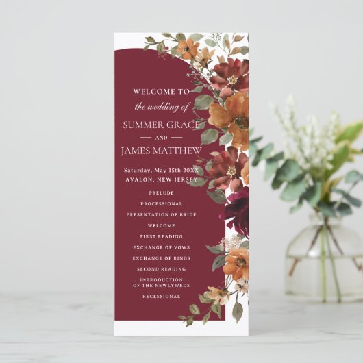 Burgundy Burnt Orange Arch Wedding Programm (Stehend Vorderseite)