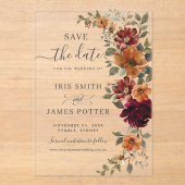 Burgundy Burnt Orange Bloral Wedding Save the Date Acryleinladungen (Vorderseite)