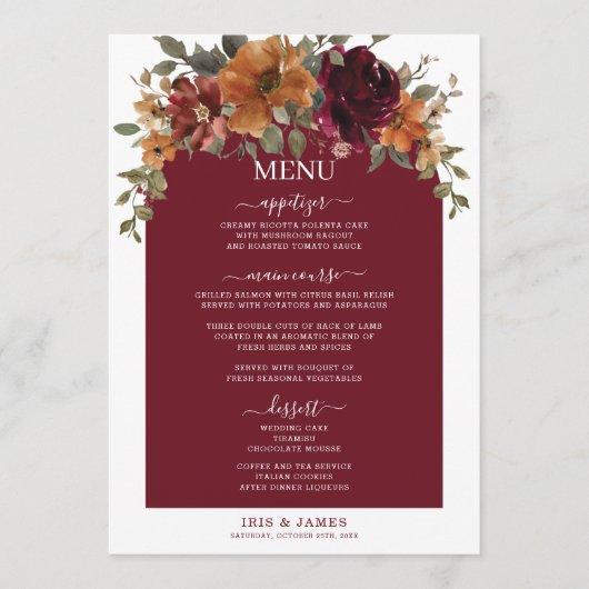 Burgundy Burnt Orange Blumenmenü Programm (Vorderseite)