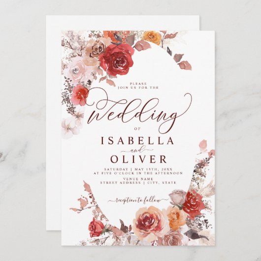 Burgundy Burnt Orange BohoTerracotta Wedding Invit Einladung (Vorne/Hinten)