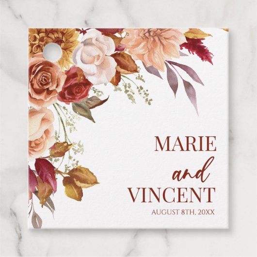 Burgundy Burnt Orange Brown Blume Wedding Geschenkanhänger (Vorderseite)