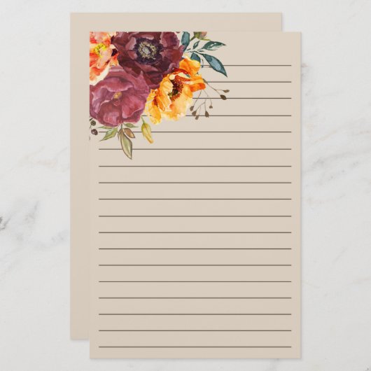 Burgundy Burnt Orange Floral Creme Briefpapier (Vorne/Hinten)