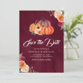 Burgundy Burnt Orange Floral Pumpkin Wedding Save The Date (Stehend Vorderseite)