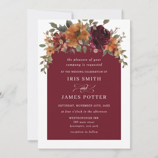 Burgundy Burnt Orange Floral Wedding Details QR Einladung (Vorderseite)