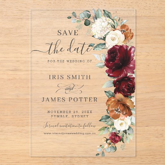 Burgundy Burnt Orange Floral Wedding Save the Date Acryleinladungen (Vorderseite)