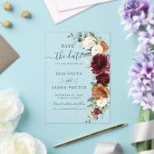 Burgundy Burnt Orange Floral Wedding Save the Date Acryleinladungen (In Situ (Hochzeit))