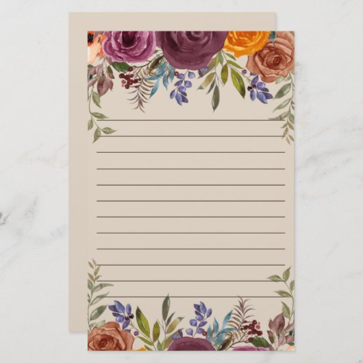 Burgundy Burnt Orange Lila floral Lined Briefpapier (Vorne/Hinten)