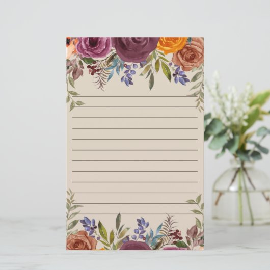 Burgundy Burnt Orange Lila floral Lined Briefpapier (Stehend Vorderseite)
