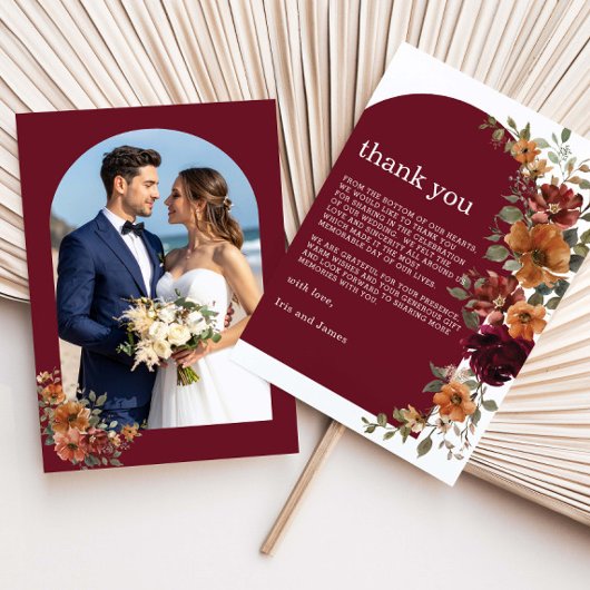 Burgundy Burnt Orange Rust Floral Wedding Photo Dankeskarte