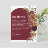 Burgundy Burnt Orange Rust Floral Wedding Photo Dankeskarte (Stehend Vorderseite)