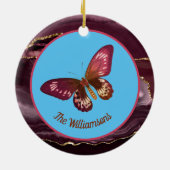Burgundy Butterfly auf Blue Sky Merry und Bright Keramik Ornament (Hinten)
