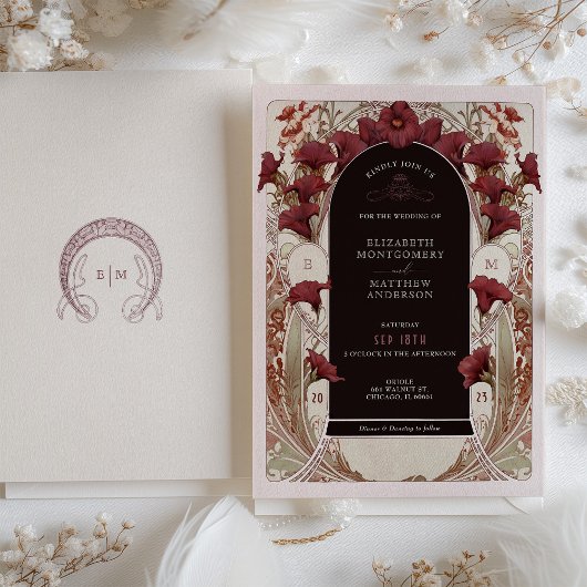 Burgundy Calla Lily Wedding Art Nouveau Mucha Einladung