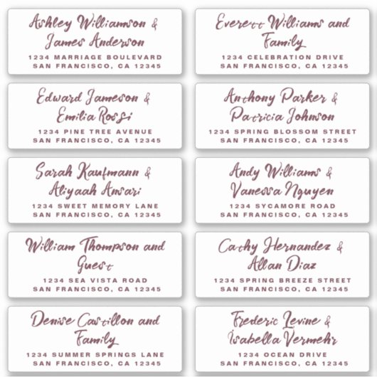 Burgundy Calligraphy Guest Address Labels (Vorderseite)