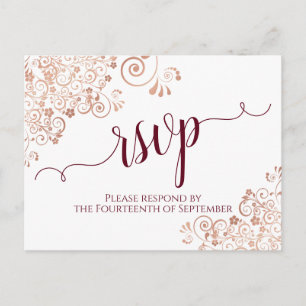 Burgundy Calligraphy Rose Gold Lace Wedding RSVP Postkarte