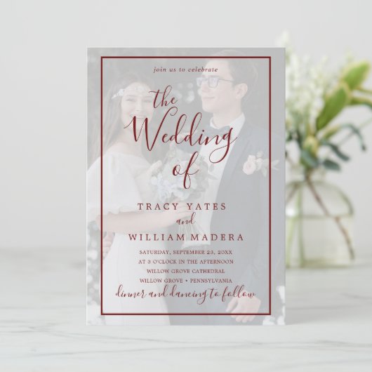 Burgundy Calligraphy Vellum Foto Overlay Wedding Einladung (Stehend Vorderseite)