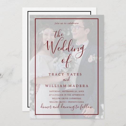 Burgundy Calligraphy Vellum Foto Overlay Wedding Einladung (Vorne/Hinten)