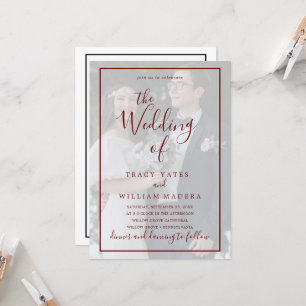 Burgundy Calligraphy Vellum Foto Overlay Wedding Einladung