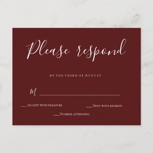 Burgundy Calligraphy Wedding RSVP Card Postkarte (Vorderseite)