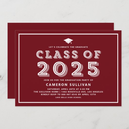 Burgundy Cap Class of 2024 Retro Abschluss Einladung (Vorne/Hinten)
