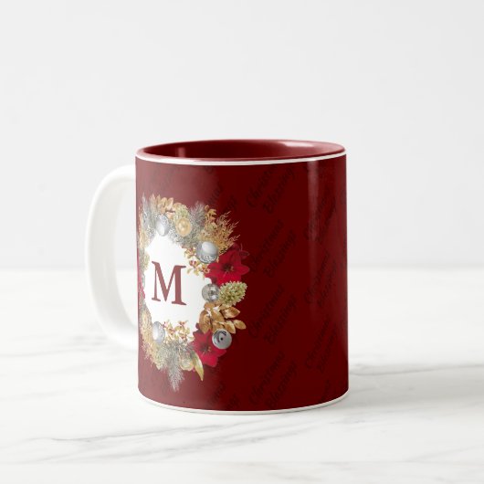 Burgundy CELEBRATE JESUS Weihnachtskranz Zweifarbige Tasse (Vorderseite Links)