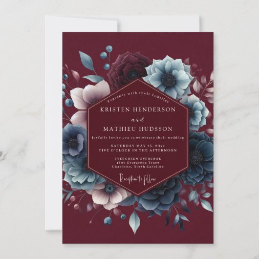 Burgundy Celestial Bloom Wedding Einladung (Vorderseite)