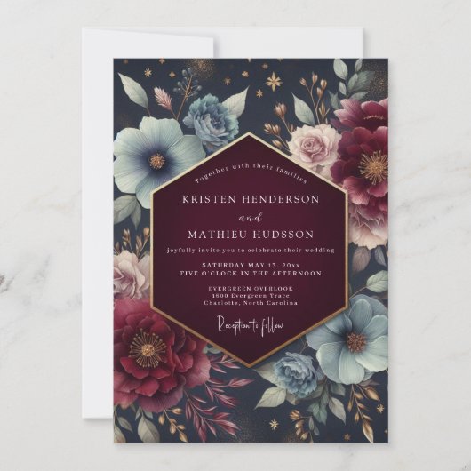 Burgundy Celestial Bloom Wedding Einladung (Vorderseite)
