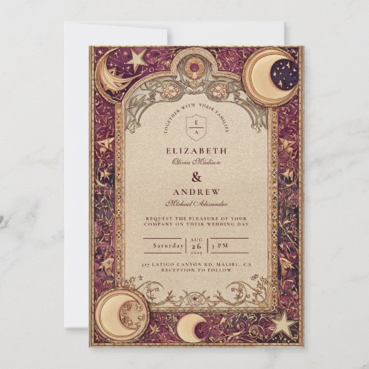 Burgundy Celestial Moon Wedding Einladung (Vorderseite)