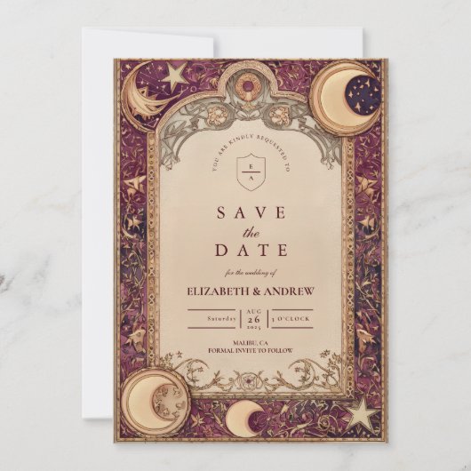 Burgundy Celestial Moon Wedding Save The Date (Vorderseite)