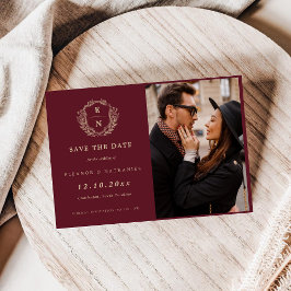 Burgundy Champagne Gold Wappen Monogram Save The Date