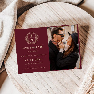 Burgundy Champagne Gold Wappen Monogram Save The Date