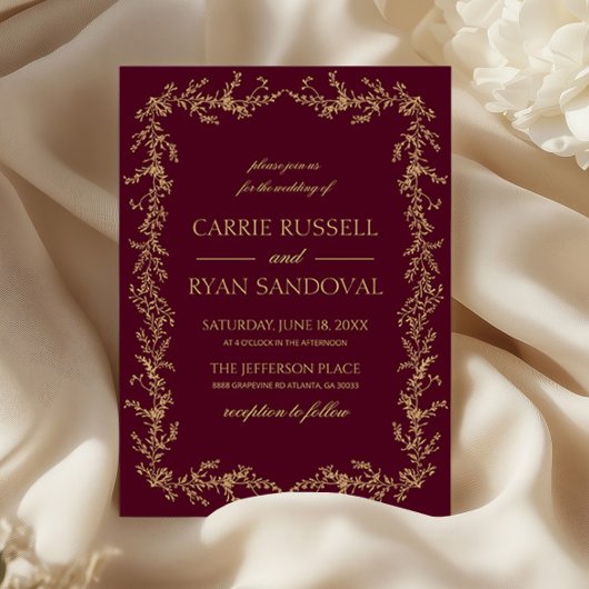 Burgundy Champagne Hand Drawn Floral Frame Wedding Einladung