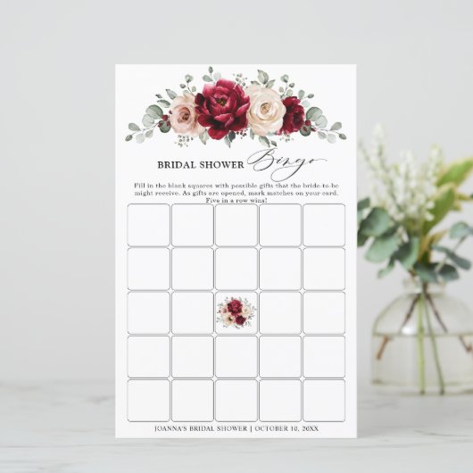 Burgundy Champagne Ivory Brautparty Bingo Game (Stehend Vorderseite)