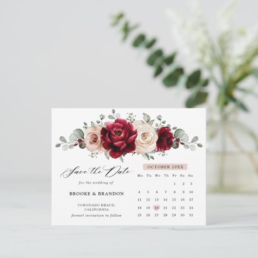 Burgundy Champagne Ivory Calendar Save the Date Postkarte (Stehend Vorderseite)