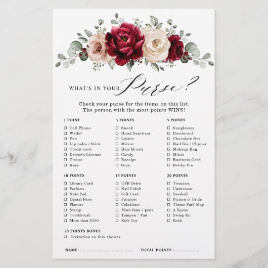 Burgundy Champagne Ivory Mauve Brautparty Game (Vorderseite)